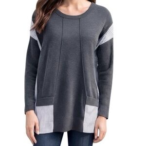 Foil merino wool blend sweater shirt Gray with blue and white stripes Medium